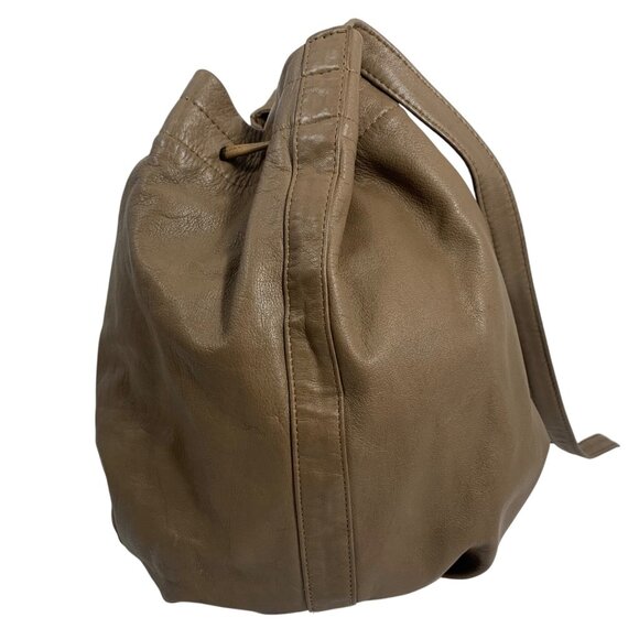 Brio! Taupe Leather Bucket Shoulder Bag Drawstring Adjustable Strap VTG 80s 90s - Picture 5 of 15